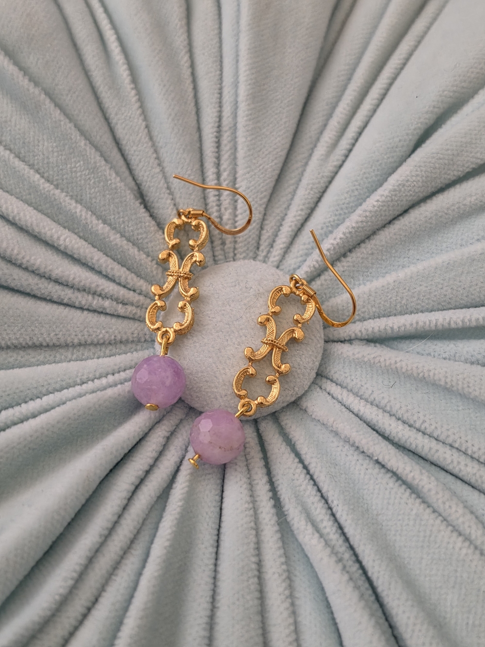 Handcrafted Gold Filigree  with Lavender Stone Bead Drop Earrings